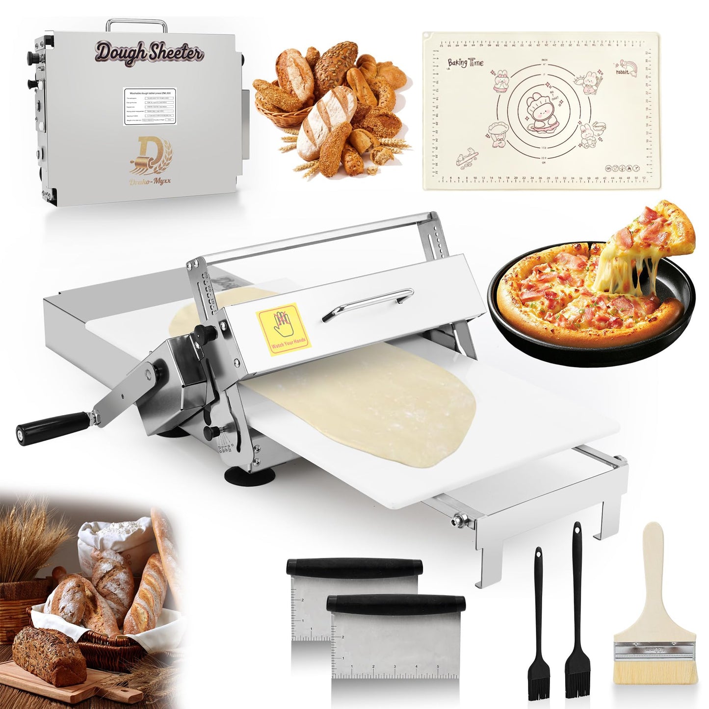 12" Folding Dough Sheeter, Includes 23.6" x 11.8" Sheeter Board, Dough Mat(23.6" x 15.8"), 2 Scrapers, 2 Pastry Brushs, Wool Brush, Manual Dough Roller with 55 Thickness Settings, Stainless Steel