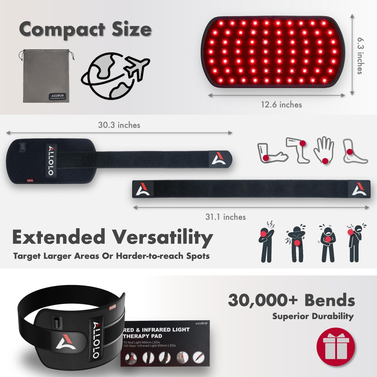 ALLOLO Red Light Therapy for Body, 3 in 1 LEDs Red Light Therapy Belt with Timer Remote Control, 660nm 850nm Infrared Light Therapy Pad for Body Waist Shoulder Knee, 12.6" x 6.3" Large Area