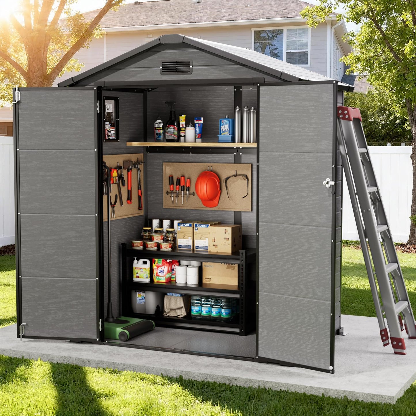6x4 FT Plastic Storage Shed with Floor, Easy Setup Outdoor Resin Shed Garden Shed Outside Storage with Windows and Lockable Doubles Doors for Lawn Mower, Bike, Tool Storage