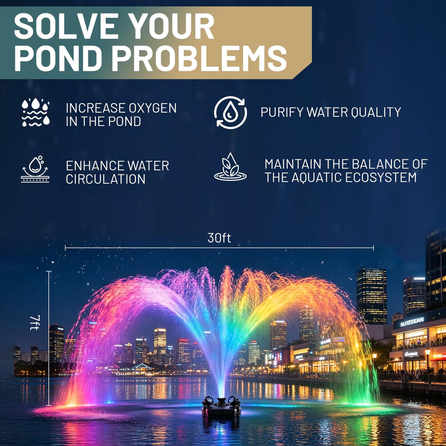 Pond Fountain Aerator with Lights,with 4 RGB Lights,1HP 750W 110V,Stainless Steel Floating Pond Fountain with 100FT Power Cord,Timer,Fixed Nails and Ropes,Pond Fountains for Small Large Ponds,Lakes