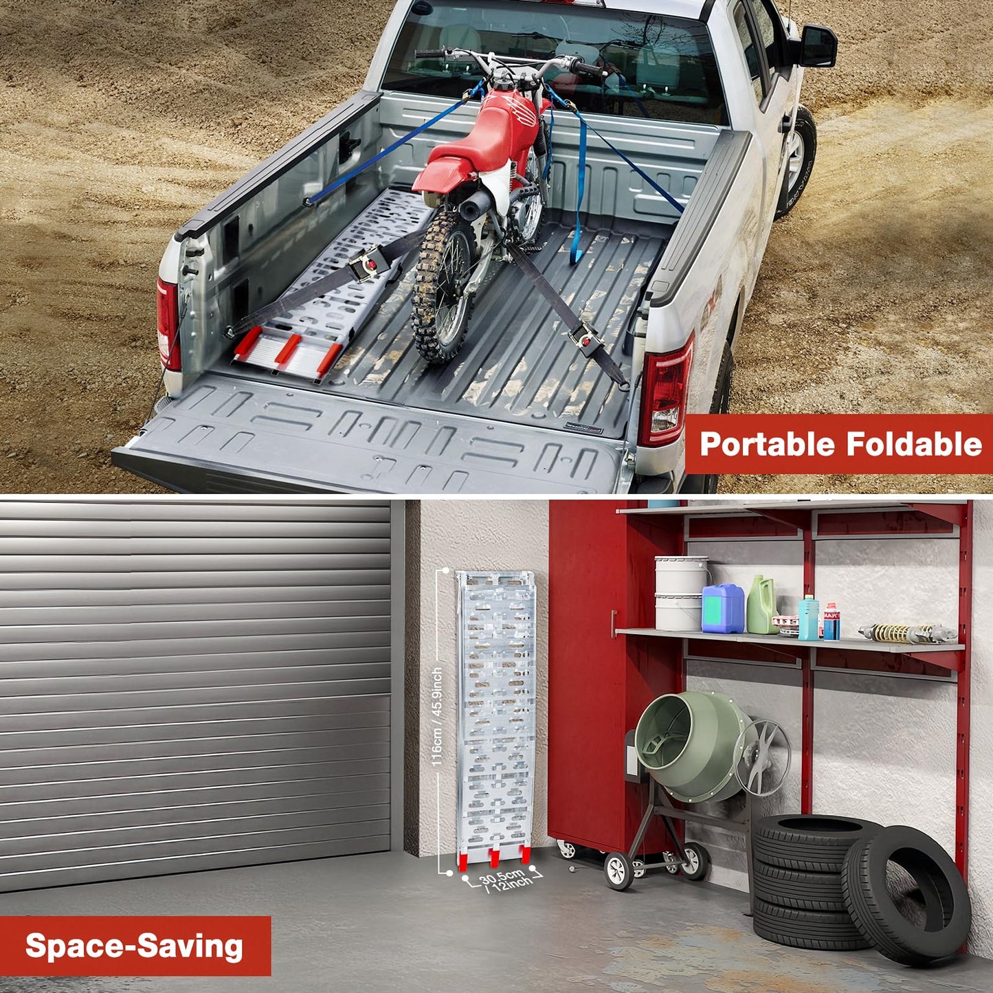 WheelX 920lb Capacity Aluminum Folding Loading Ramps for Car, Truck & Trailer Bed - with Load Straps for Wheelbarrow, Mountain Bikes, Electric Bikes, Motocross, Scooters