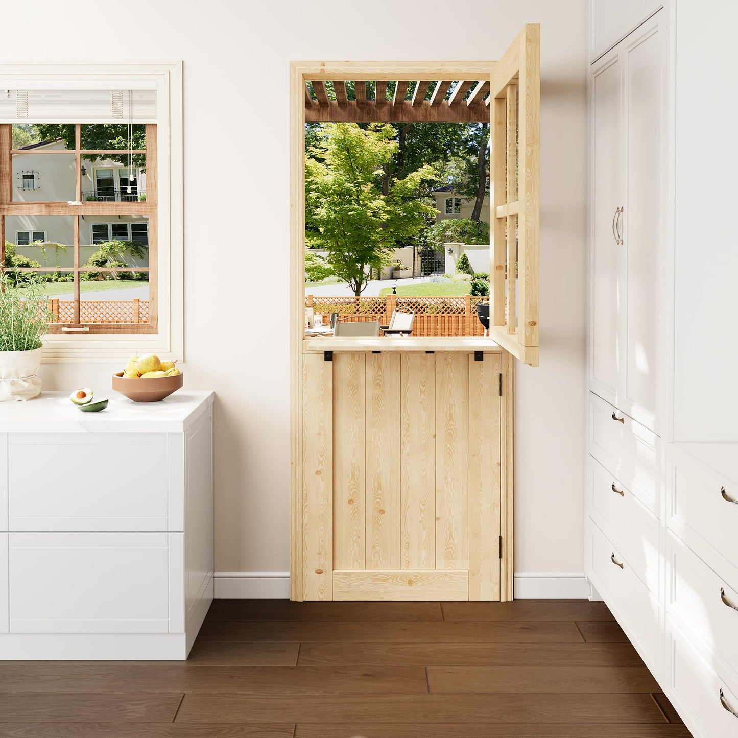 Floating Wood Shelves Dutch Door, 1.75" Pine with 4-Lite Glass Split Half Door for Exterior Front Entry, Patio Doorway & Interior Pantry/Back w/ 32" x 80" Doors Slab+1 Shelf+4 Hinges+1 Latch