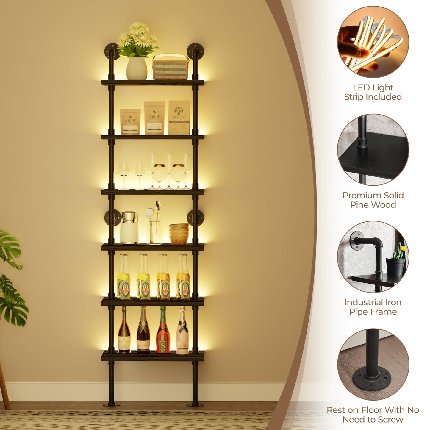 Anynice 6-Tier Ladder Shelf with Warm LED Light Strip, Solid Pine Wood Wall Mounted Bookshelf in Black, 24-Inch Industrial Pipe Bookcase for Living Room, Bedroom, Home Office