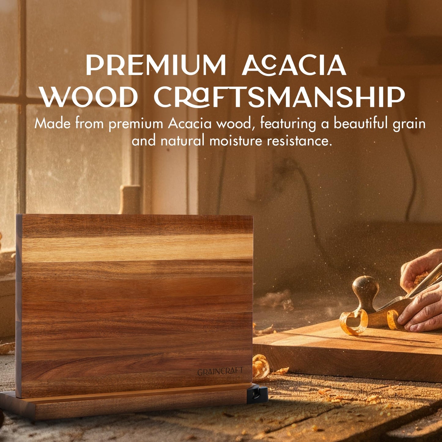 Graincraft Magnetic Knife Block with Sharpener, Countertop Magnetic Knife Holder, 3X Double Sided Magnet Knife Stand, Non-Slip Base, Kitchen Knife Storage Organizer (Acacia)