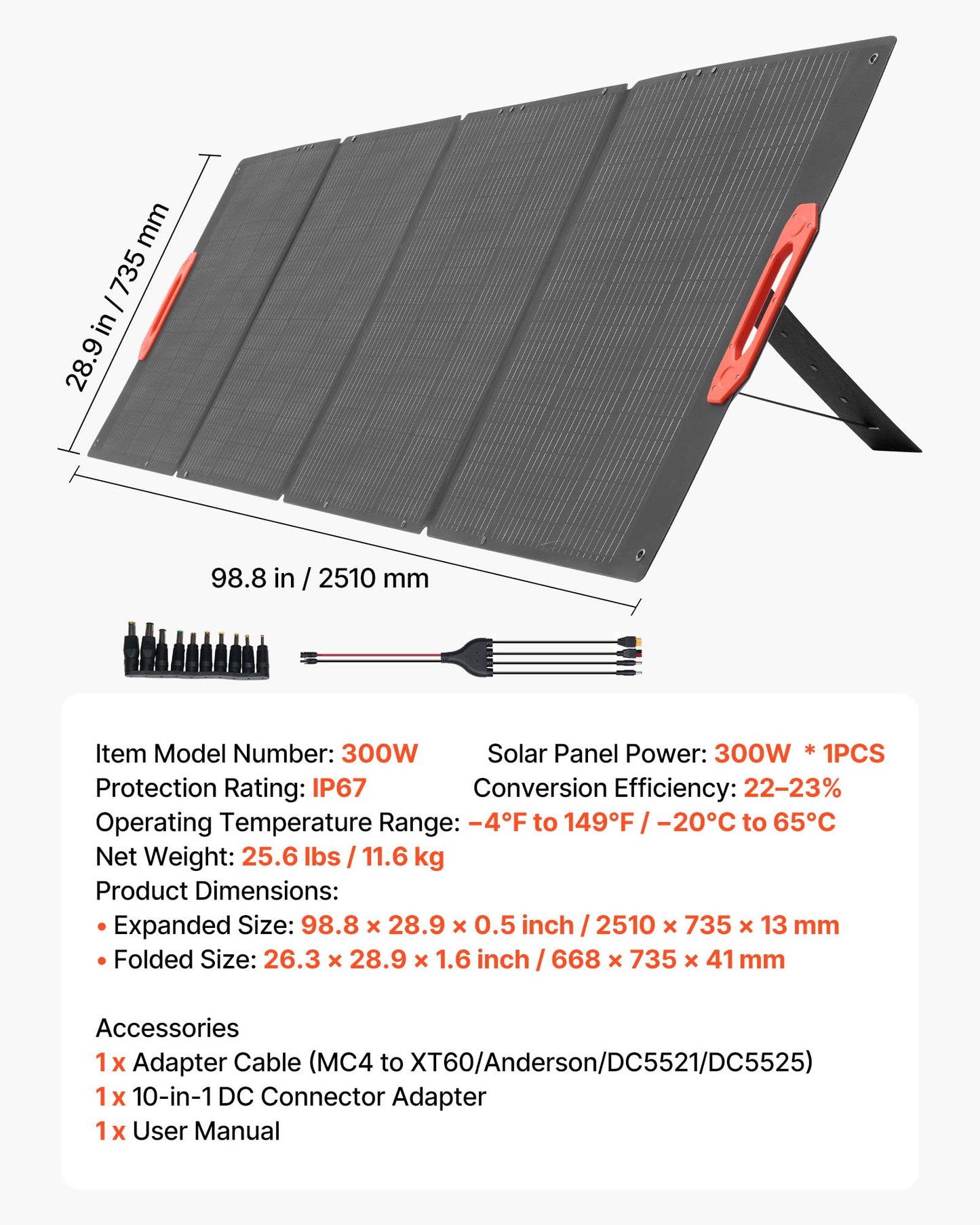 VEVOR 300W Foldable Monocrystalline Solar Panel, 23% High-Efficiency Portable Mono Solar Panel Charger with MC4 Output & 10-in-1 DC Adapters, IP67 Waterproof for Power Stations, Camping, Hiking Trips