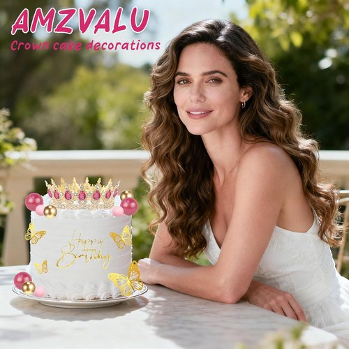 AMZVALU Crown Cake Topper - Rose Pink Happy Birthday Decoration with 3D Butterflies & Candles | Ideal for Princess Parties