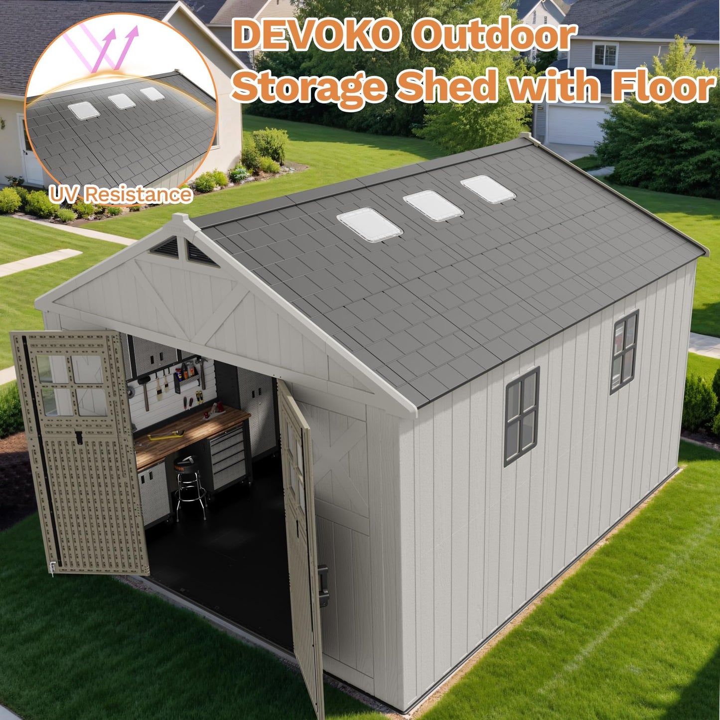 Devoko 10x12 FT Resin Outdoor Storage Shed with Floor, Large Plastic Garden Shed with Windows & Lockable Door, Multipurpose Tool Storage Shed for Patio Backyard Lawn, Beige