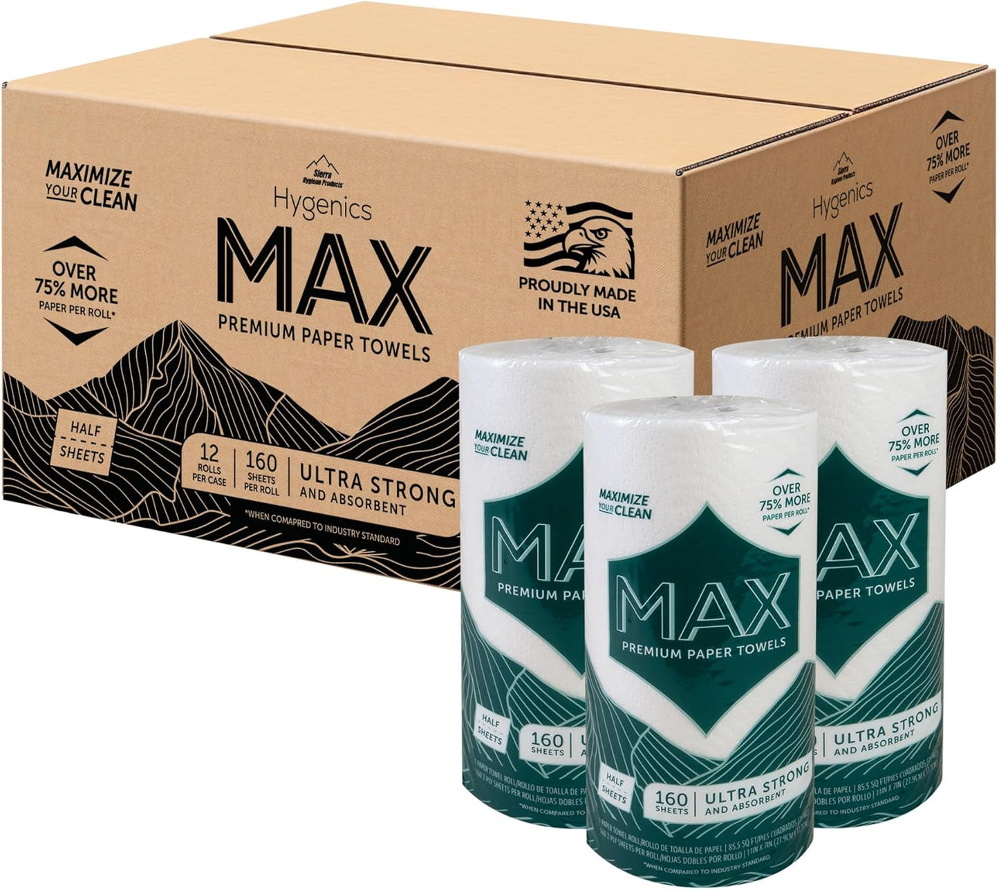 Sierra Hygenics Max 2-Ply Paper Towels - 160 Sheets Per Roll | Pack of 12 Rolls (11" x 7")