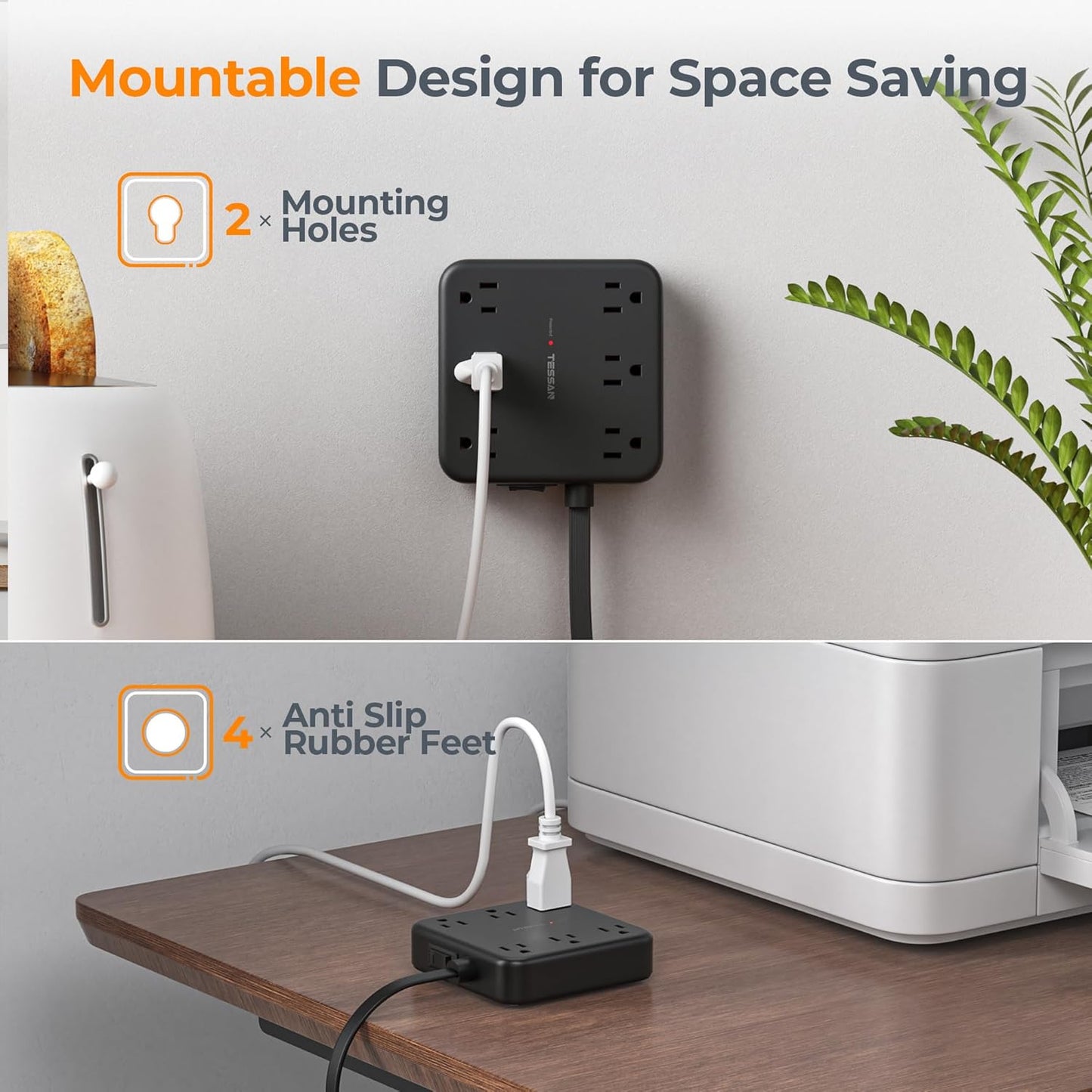 TESSAN 5Ft 6 4 (2 2100 Black Extension Cord with Multiple Outlets, Surge Protector Power Strip with Outlets and USB