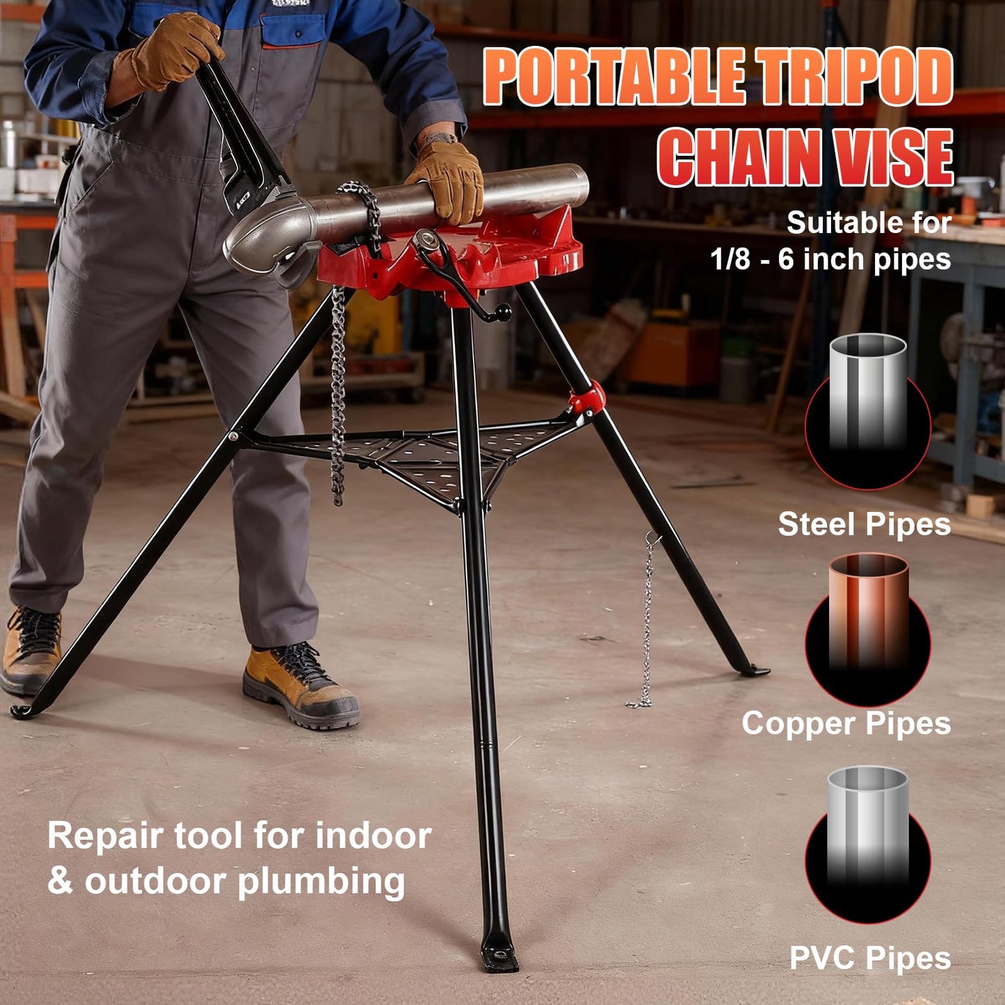 Alwalkee Tripod Pipe Vise Stand, Heavy-Duty 1/8"-6" Capacity, Portable Chain Vise with Tool Tray for Welding & Plumbing
