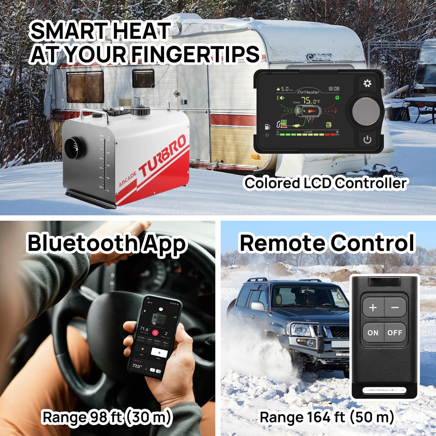 TURBRO 8kW Diesel Heater, 12V/24V/110V, All-in-One Parking Heater with Smart LCD, Remote and Bluetooth APP Control, Programmable Timer, Portable for RV, Camper, Truck, Boat, Tent, Garage, Shop, H8BP