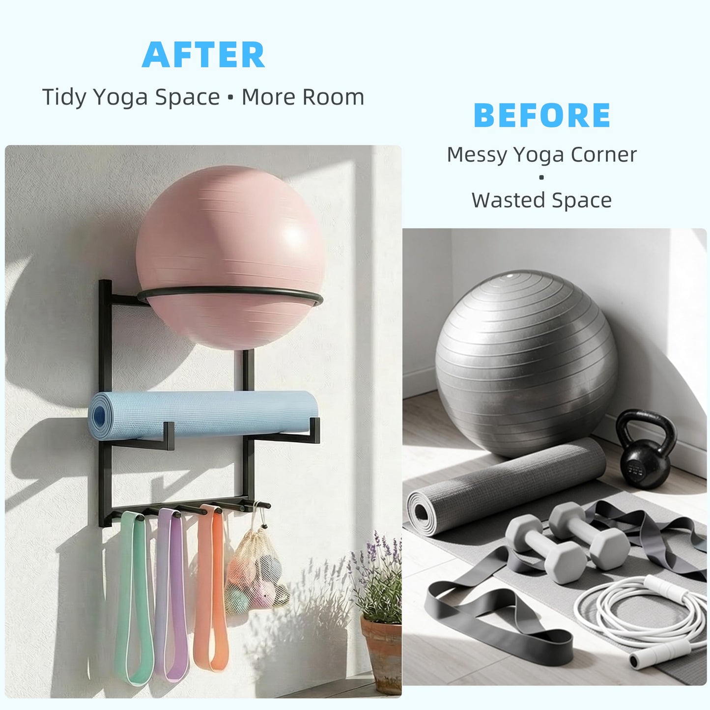 YPDiXDi Wall Mounted Yoga Ball and Mat Holder, Space-Saving Home Gym Organizer and Storage Rack Fits 55-75cm Stability Ball with 5 Hooks for Resistance Bands and Equipment