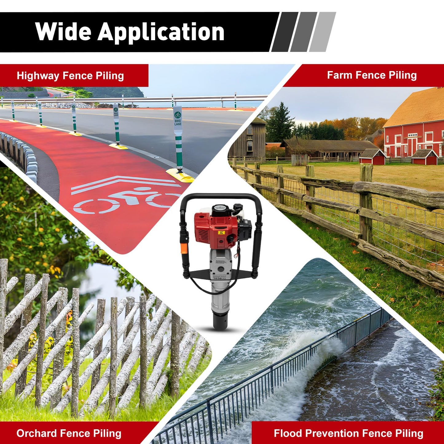 awolsrgiop 52CC 2 Stroke 2.3HP Gas Powered T-Post Driver, Fence Farm Push Pile Gasoline Engine kit, 1900W Garden Fencing Tool Farm Piling Driver with 2 Post Driving Head Ergonomic Design