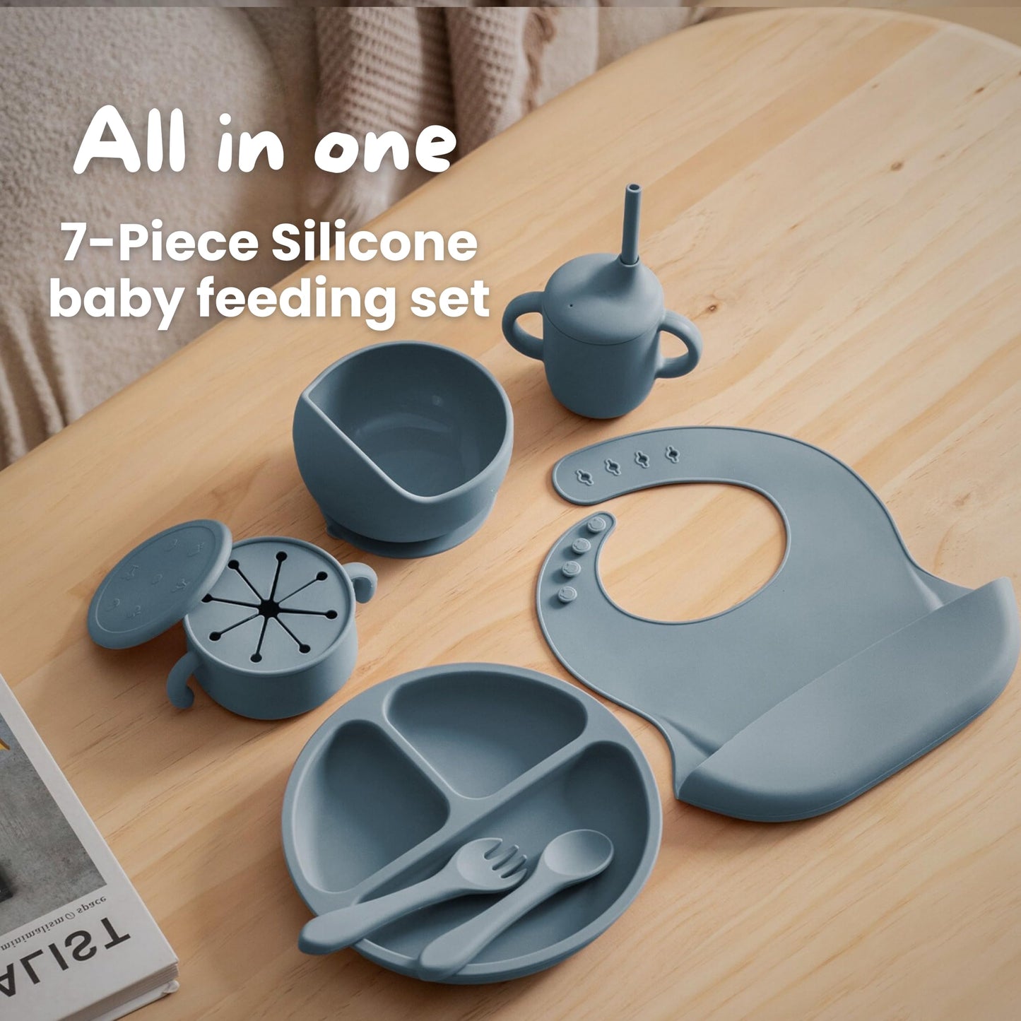 Silicone Baby Feeding Set 7-Piece Baby-Led Weaning Kit with Suction Plate & Bowl, Snack & Straw Cup with Handles, Bib & Utensils | BPA-Free, Microwave & Dishwasher Safe | Smoky Blue