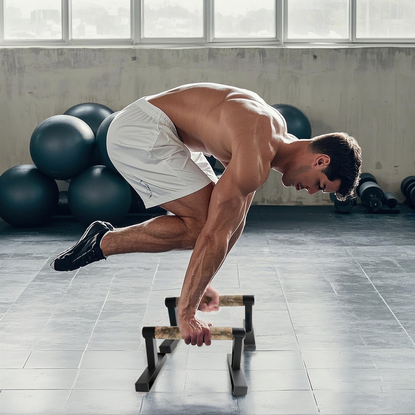 Purife T Shape Floor Stand Wood Push Up Handle Calisthenics Bars, Strength Training Pushup Stands Parallettes Bars with Sturdy Metal Bracket for Home Workouts