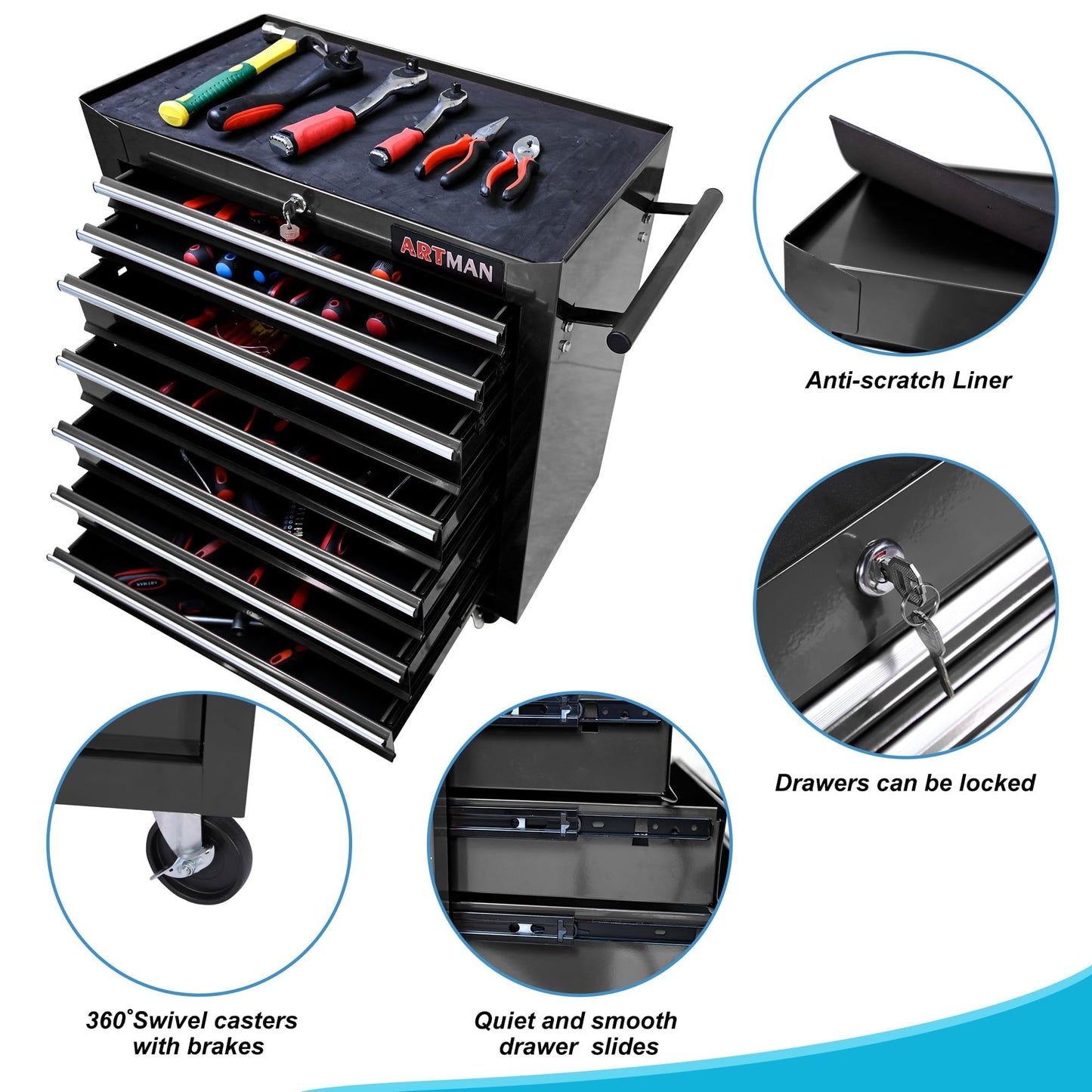 nifoti 7 Drawers Rolling Tool Cart on Wheels, Multifunctional Organizer Tool Chest Tool Case, Trolley Tool Storage Tool Box for Workshop,Garage,Repair Shop (7 Drawers 24.2" W×12.9" D×29.9" H-Black)