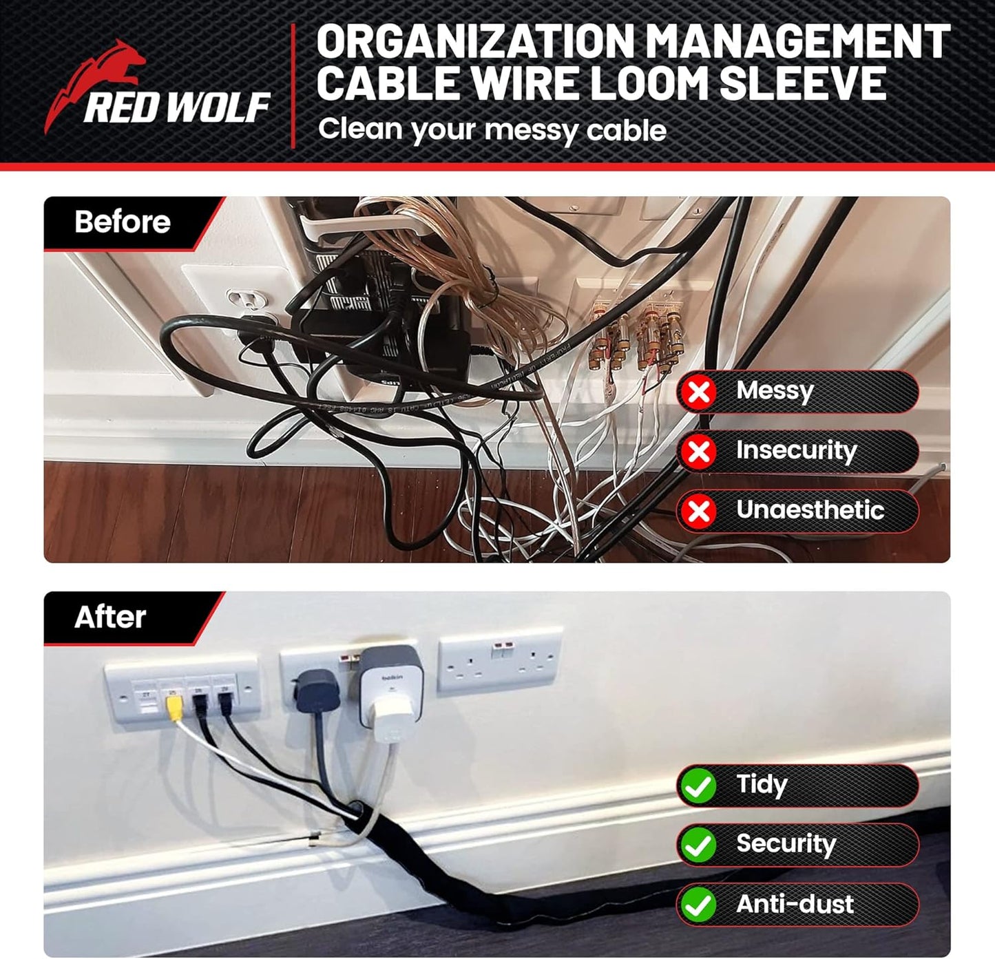 RED WOLF 10 1/2" Braided Wire Cable Sleeve Split Wiring Sleeving Feet - Flexible Self-Wrap for Automotive Computer
