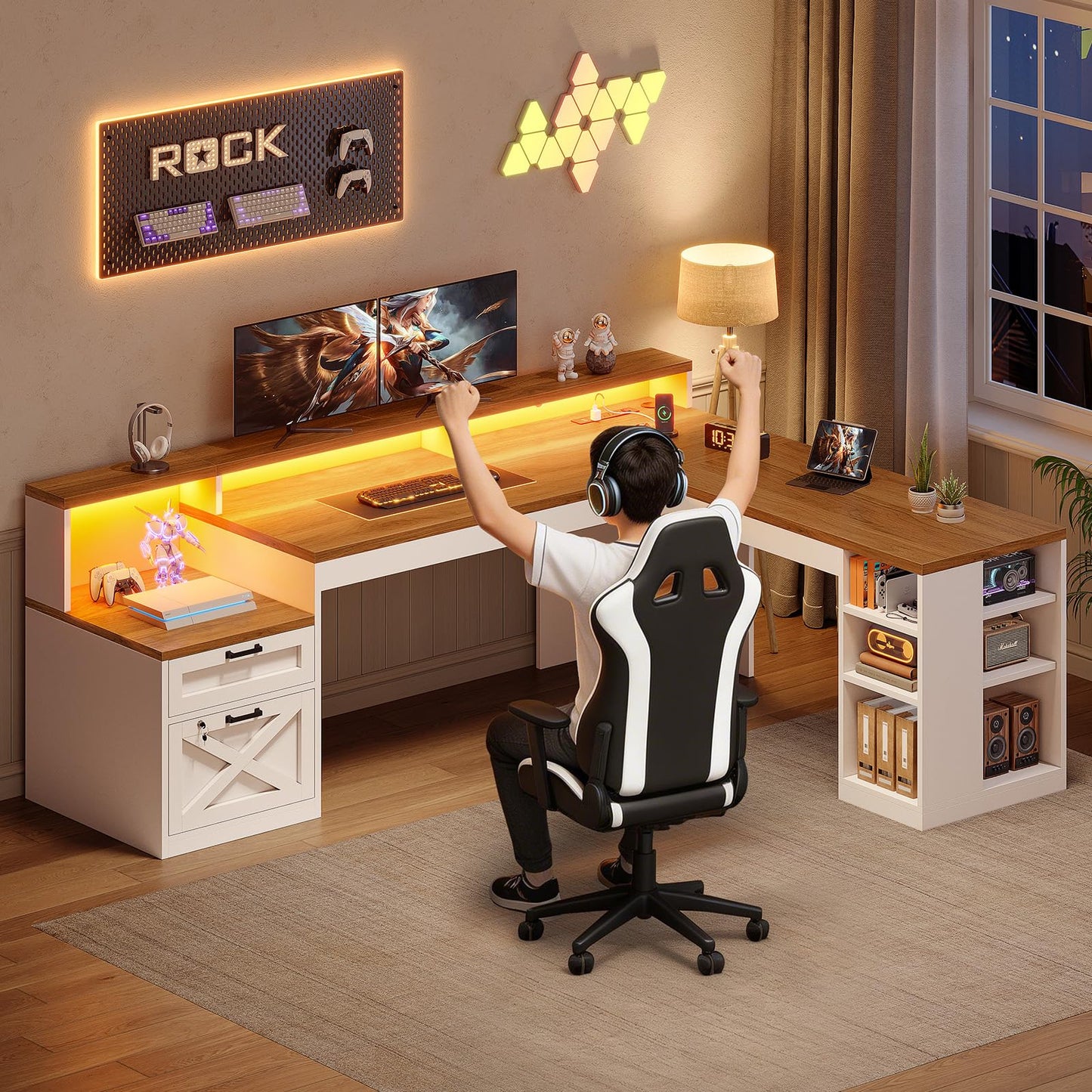SEDETA L Shaped Desk with 2 Drawers, 65"x 59" Large Home Office Desk with Lockable File Drawer & Power Strip, Corner Desk with Storage & LED Strip, White + Brown