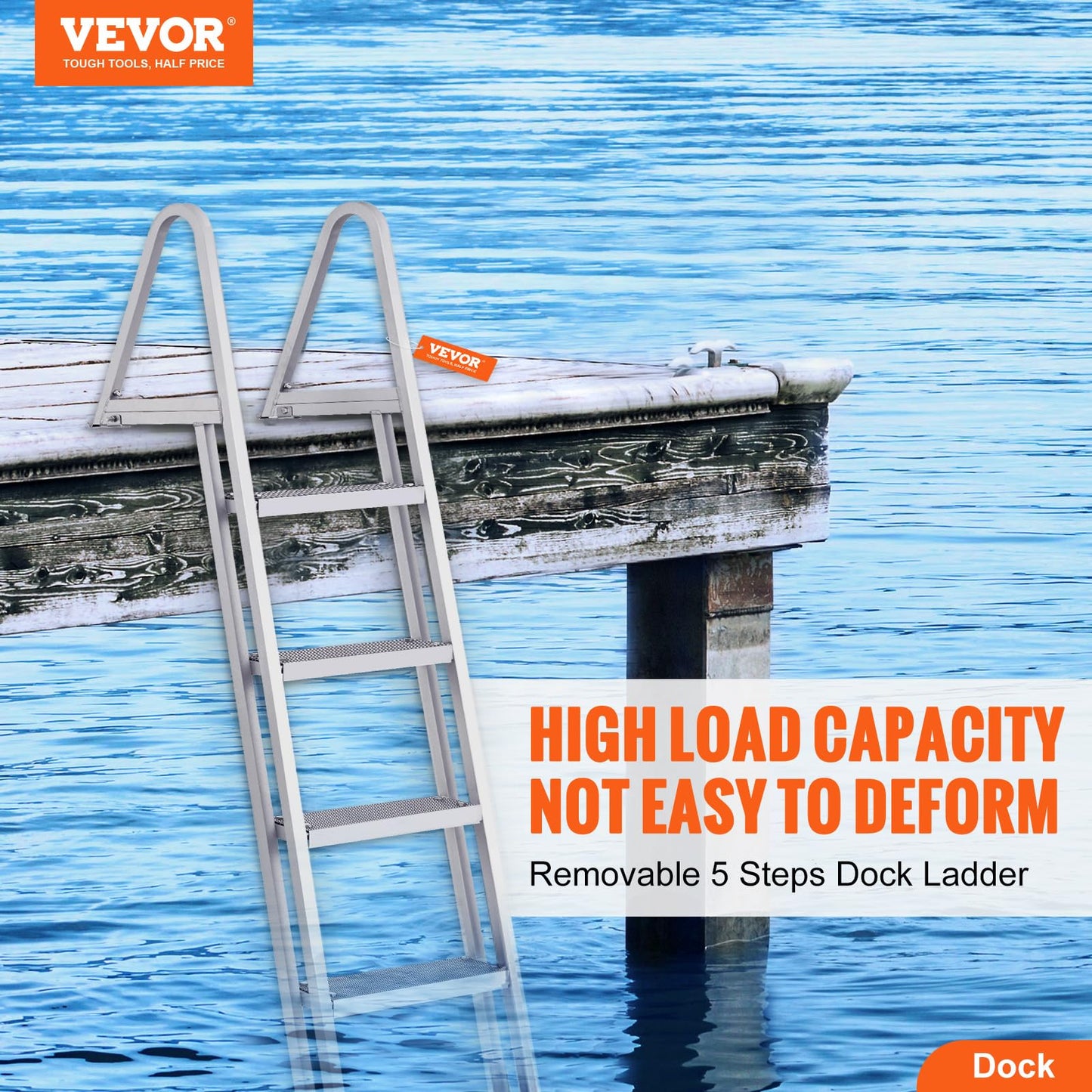 VEVOR Removable Dock Ladder 5 Steps, 350 lbs Load Capacity, Pontoon Boat Ladder with 4'' Wide Step & Nonslip Mat for Ship/Lake/Pool/Marine Boarding