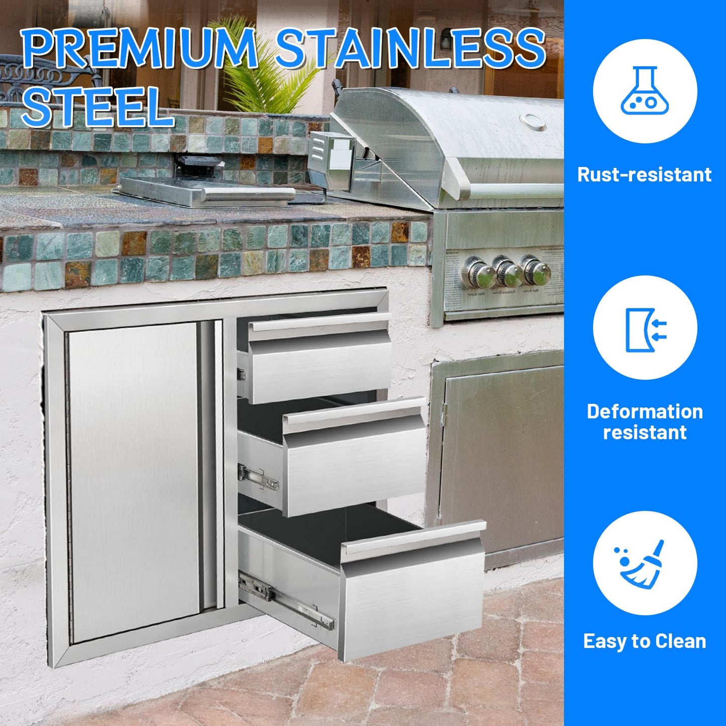 Duluciate Outdoor Kitchen Drawer Combo Cabinet, Stainless Steel Triple Drawers with Integrated Access Door, 28" W x 22" H x 19.5" D Outdoor Built-in Cabinet for BBQ Island Grill Stations