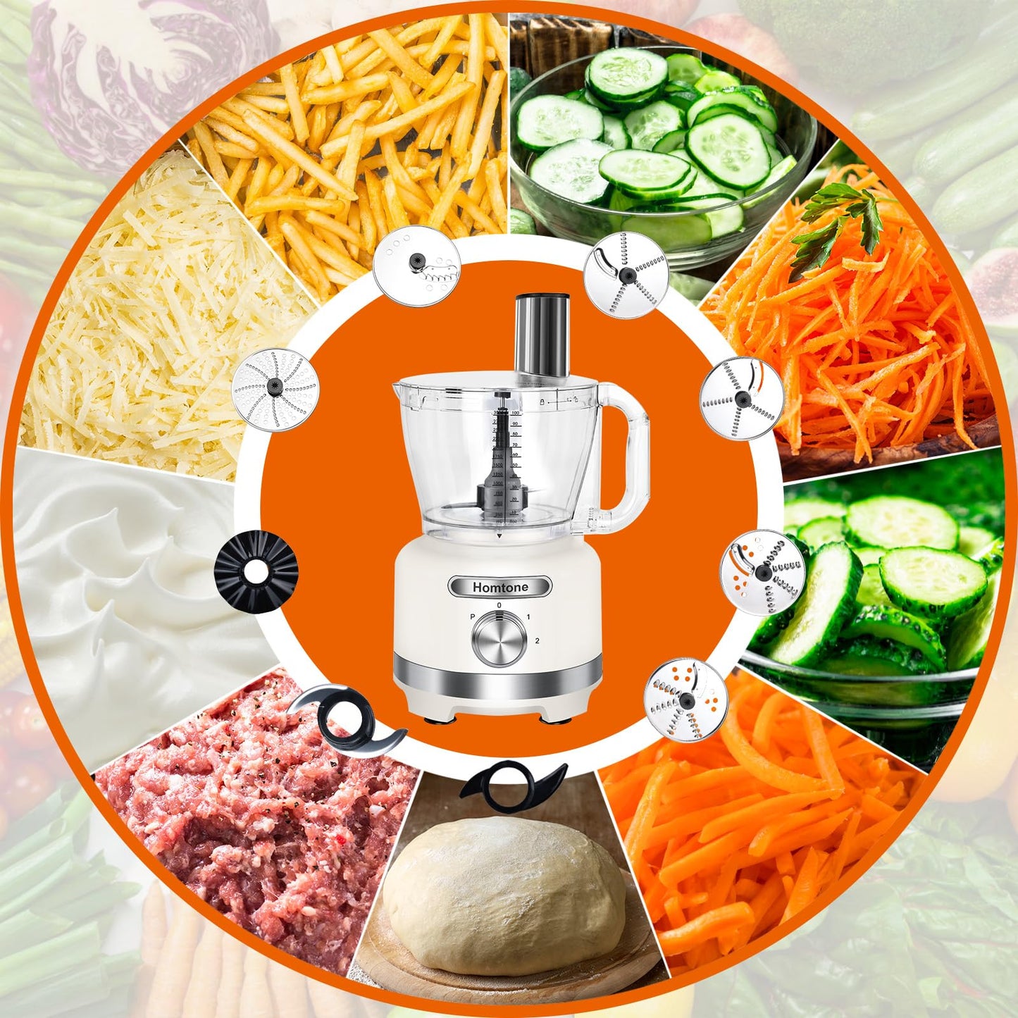 Homtone 16 Cup Food Processor Large, 9-in-1 Vegetable Chopper with 7 Blades for Shredding, Slicing, French Fry Cutting, Meat Grinding, Dough Kneading & Emulsifying, 3 Speeds, Dishwasher Safe, White