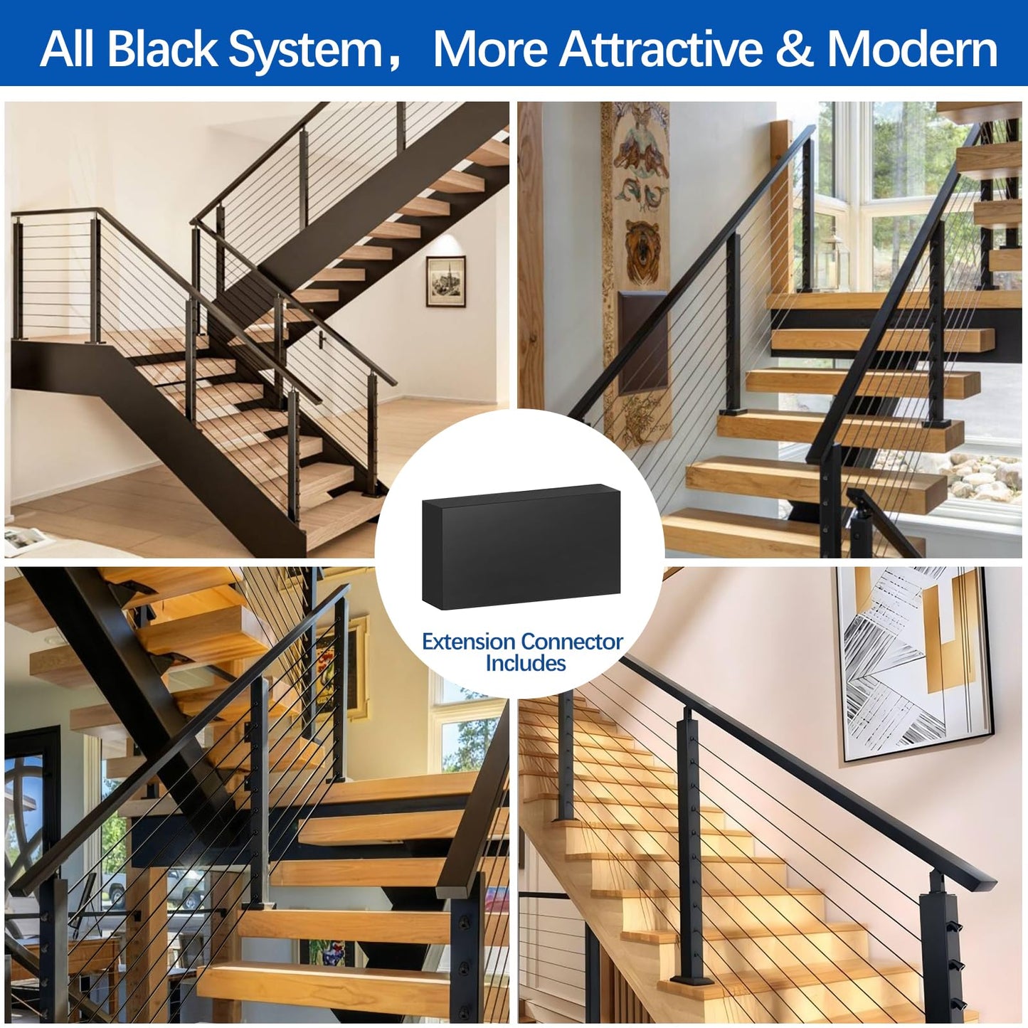 Zylorix 8ft-12ft Complete Set 36" Cable Railing System 33° Drilled with Cuttable Handrail, Modular Black T304 Stainless Steel Angled Stair Cable Railing Posts Kit for 28-38° Wood Concrete Stair