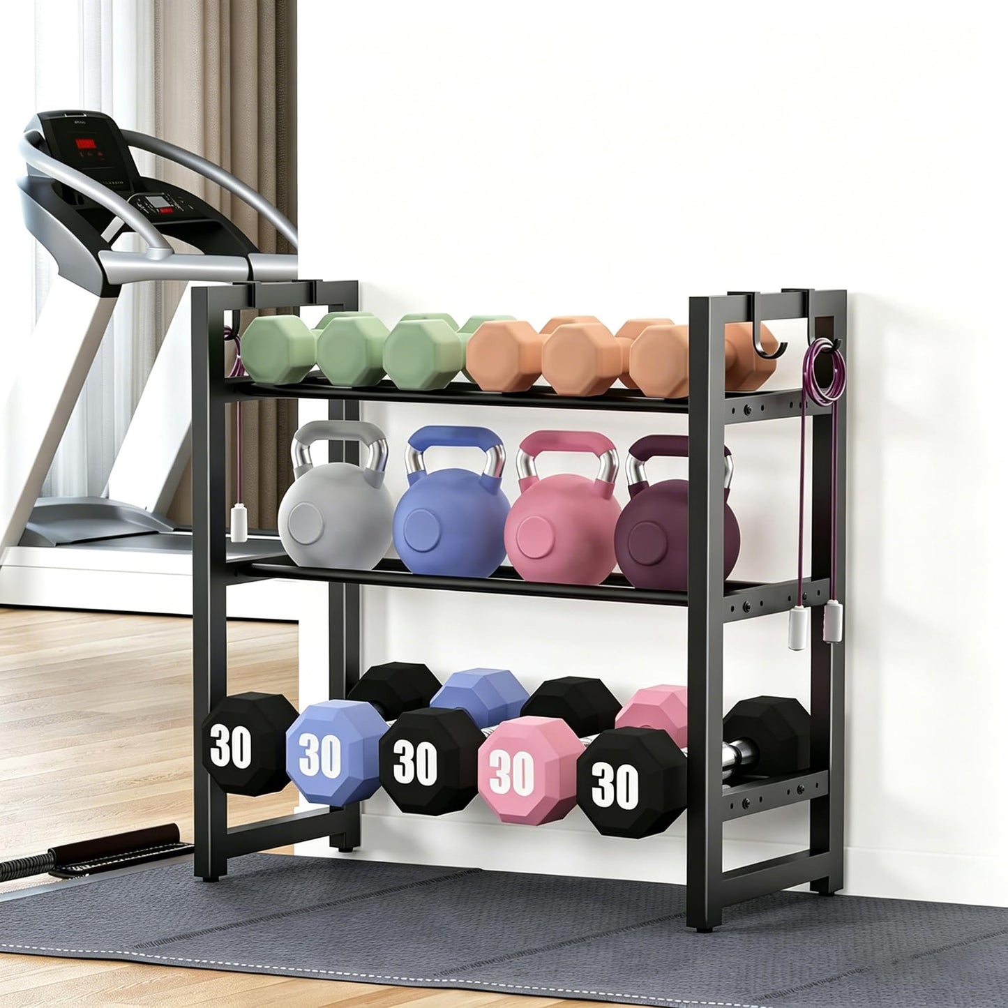 3-Tier Small Weight Rack for Home Gym, Adjustable Dumbbell Rack 450LBS Capacity with Side Hooks, Space Saving Workout Equipment Storage Organizer, Tool-free Assembly