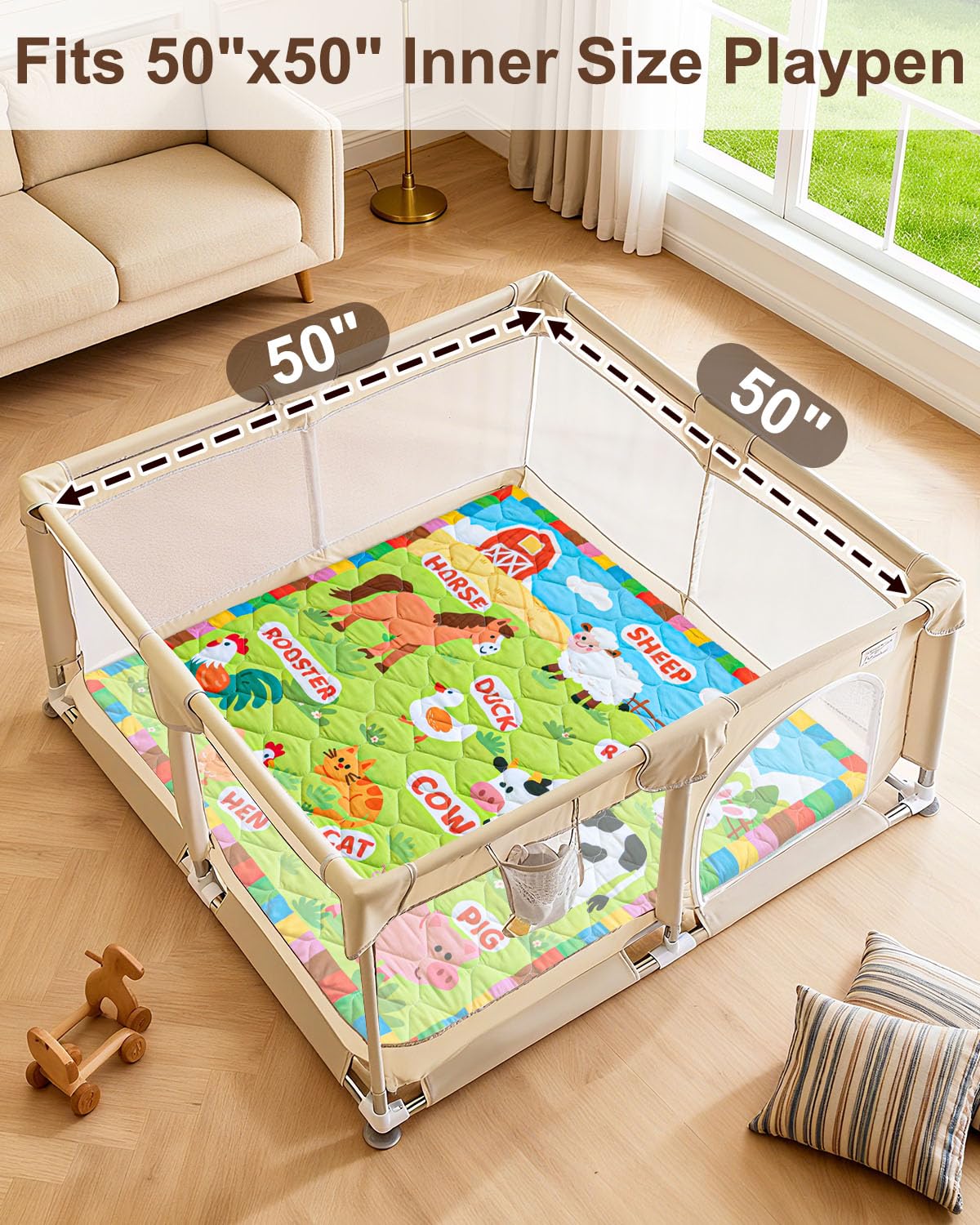 Beavtaens Foam Baby Play Mat 50x50, Removable and Machine Washable Cover, Thicken Cushioning Playmat and Perfect for Playpen, Non-Slip Bottom, Easy to Clean for Infants, Toddlers & Babies(Farm)
