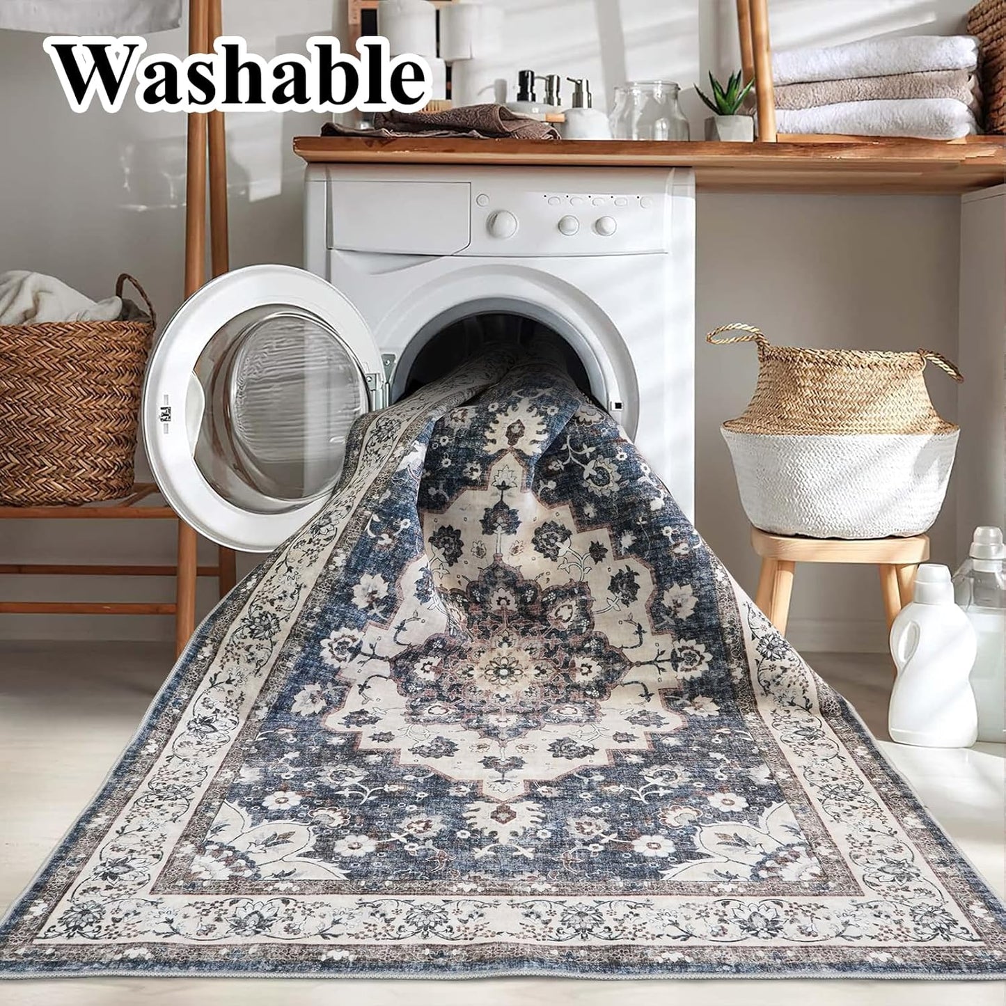 Regine Switzerland Washable 3x12 Hallway Runner Rug - Non-Slip Floral Design, Stain Resistant, Blue