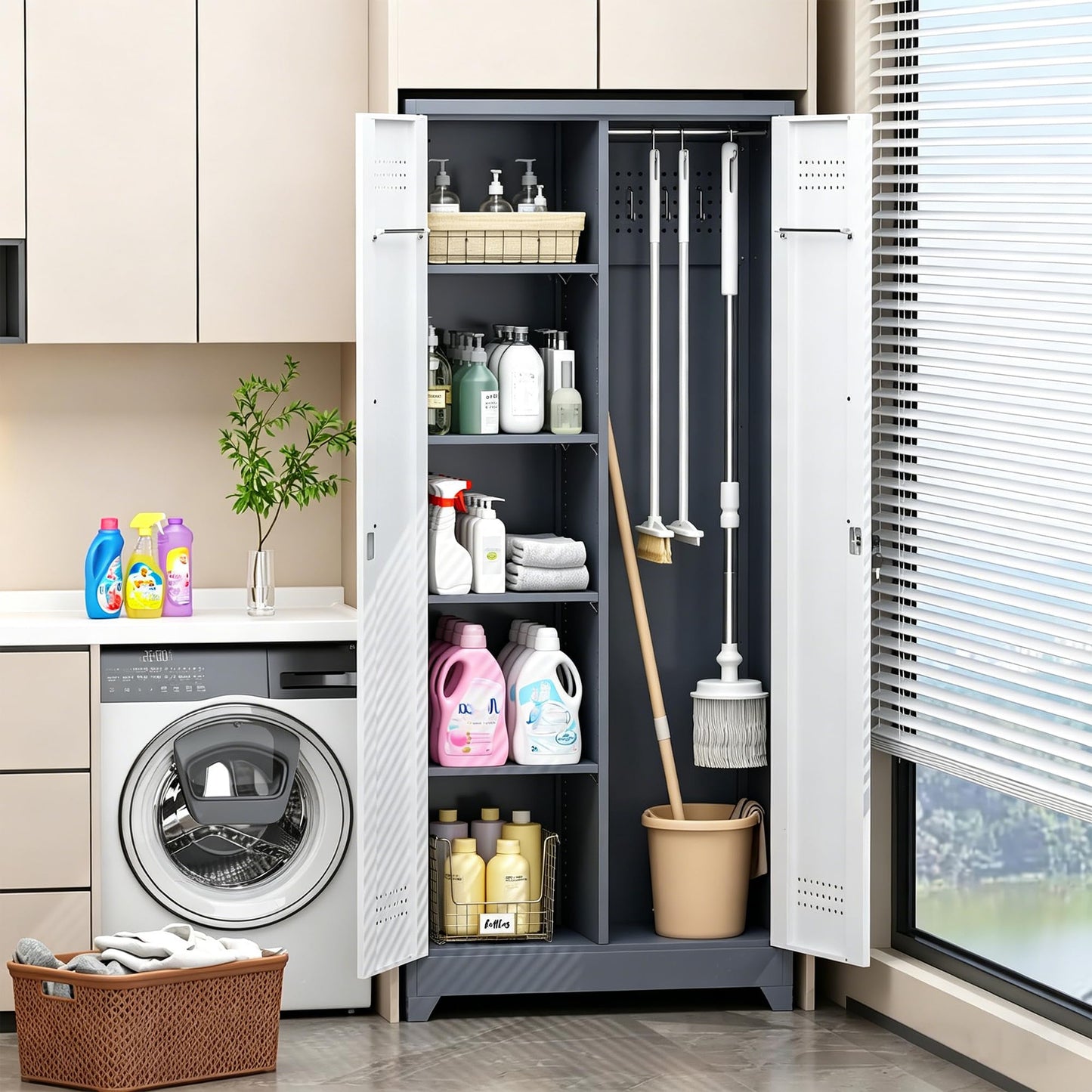 NICEGDLT Metal Storage Cabinet 72" Tall, Garage Storage Cabinet with Lockable Doors & Shelves, Utility Broom Closet, Steel Tool Cabinet for Garage, Laundry Room, Home Office, Grey/White