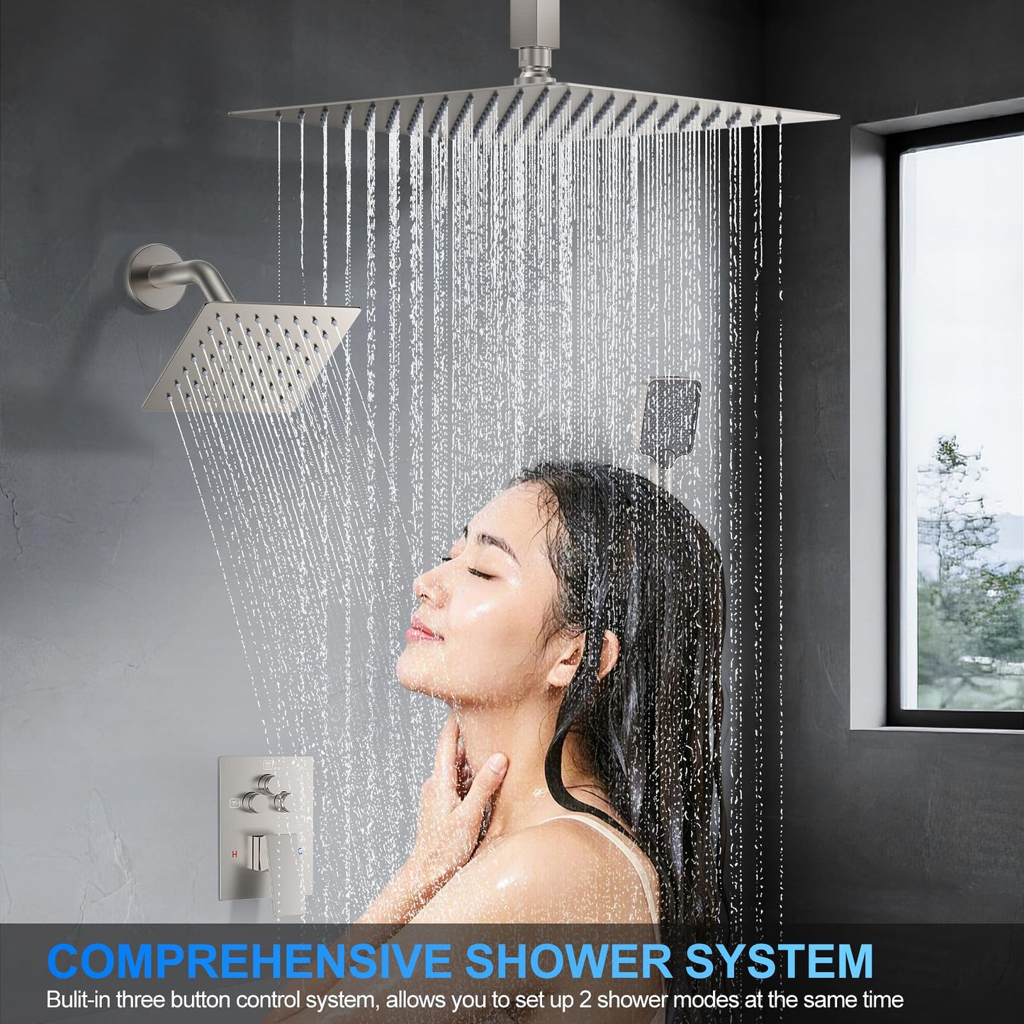 Shower Faucet Set, 12" Ceiling Mount Rainfall Shower System with 2 Rain Shower Head and Multi-function Handheld Head Push Button Diverter Shower Faucet Trim Kit (12", Brushed Nickel)