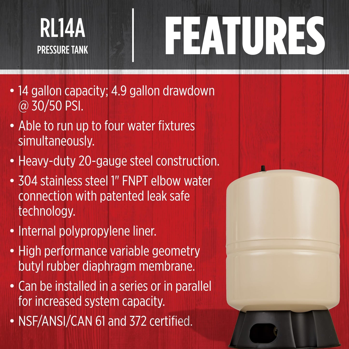 Red Lion RL14A - 14-Gallon Vertical Pre-Charged Pressure Tank with Thermoplastic Base for Well Pumps, 1-Inch FNPT Elbow System Connection, Almond, 604687
