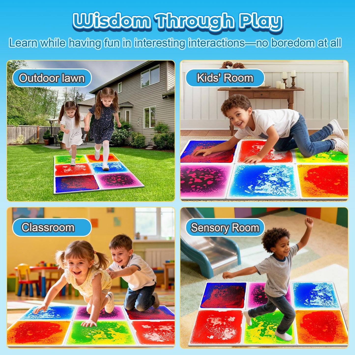 Toddler Sensory Liquid Floor Mats - 6-Piece Liquid Play Mat Pack, 12" x 12" Square Sensory Puzzle Mats for Autism, Lava Brick Dance Step Mats, Montessori Gross Motion Toys for Preschool Classrooms