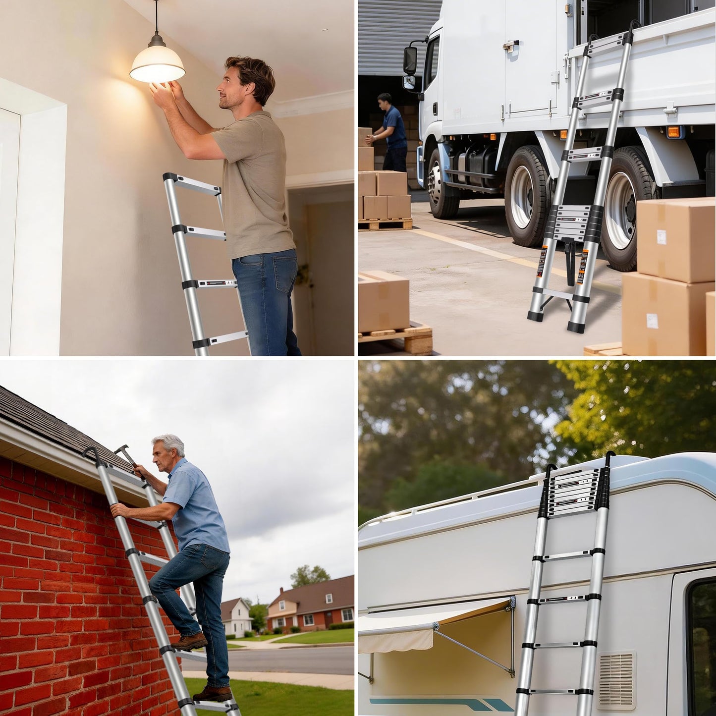 Telescoping Ladder 16.5 FT Stainless Steel Extension Ladder with 2 Detachable Hooks, Portable Multi-Purpose Collapsible Telescope Ladder for Home,RV,Outdoor Work, 330lbs Max Capacity