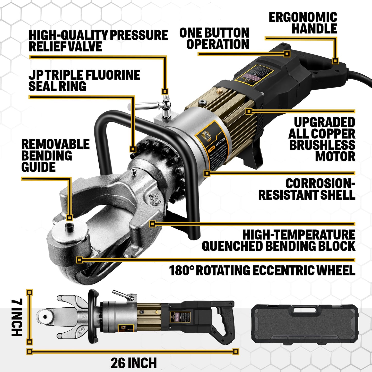 [Upgraded Version] Electric Rebar Bender with Brushless Motor, 1100W Portable Hydraulic Rebar Bender Tool, Handheld Rebar Bender Machine, 110V ﻿ (Max Rebar 1" 25mm #8)