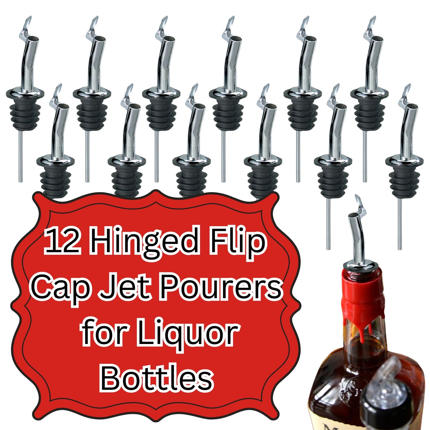 Tablecraft Wine Liquor Bottle Pourers, Hinged Flip Cap Jet Pourer, Dispenser Bar Tool for Controlled Pouring of Alcohol Drinks and Shots, Foodservice Jet Spout with Flip Cap for Bars, 12 Pieces