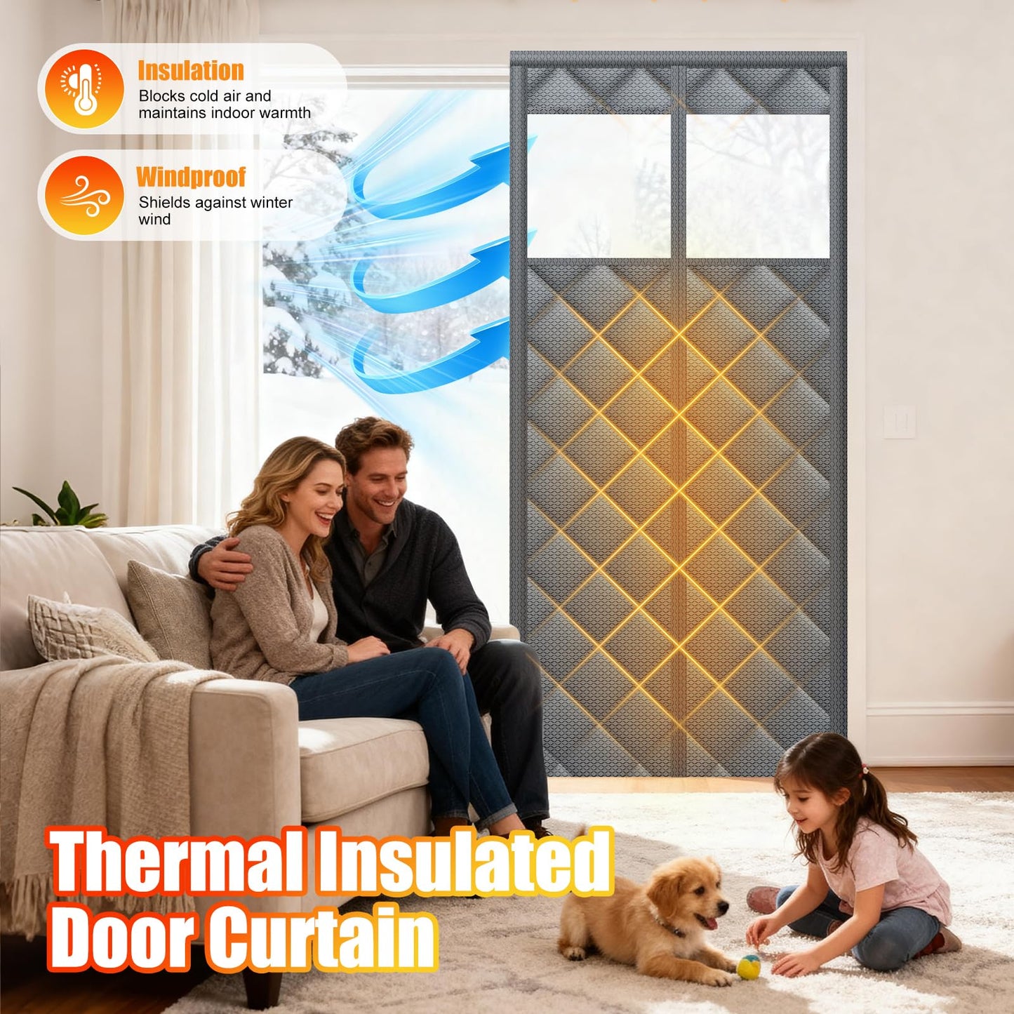 Magnetic Thermal Insulated Door Curtain with Transparent Window Insulated Door Cover Upgraded Oxford Filled with Thicken Cotton Thermal Insulated Curtains for Winter Waterproof and Windproof, Grey