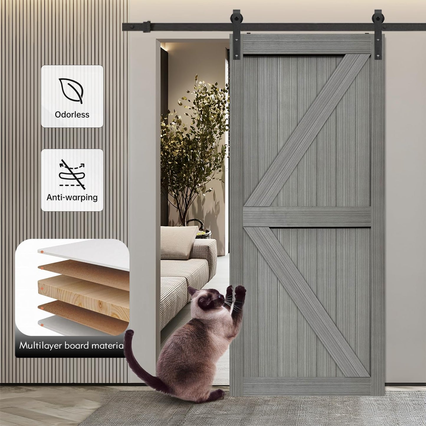 S&Z TOPHAND 36in x 84in MDF Elephant Gray Barn Door with 6.6FT Sliding Hardware Kit, Solid Barn Door Slab Covered with Water-Proof PVC Surface/Simple Assembly is Required