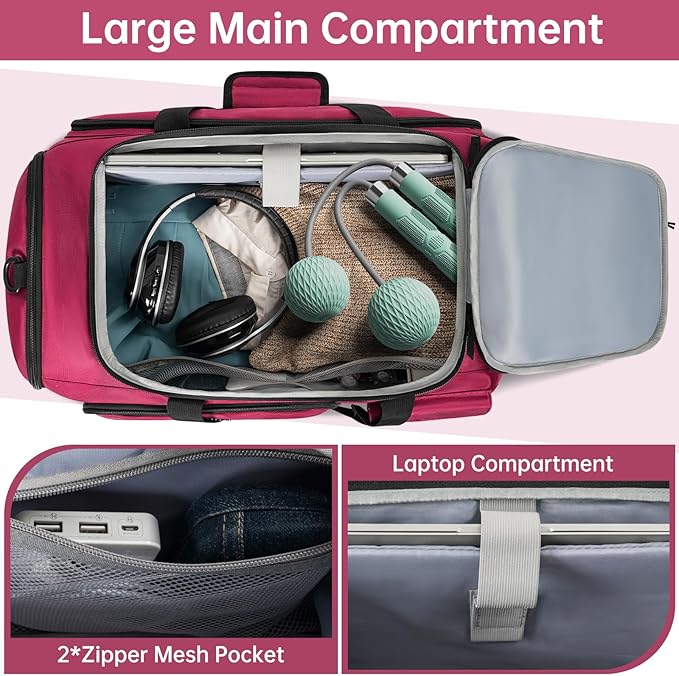 Gym Bag for Women & Men, Sports Travel Duffle Bag with Shoe Compartment, Anti-Theft Carry On Weekender Bag, Water Resistant Overnight Backpack for Airplane, Gym, Travel (Pink Black)