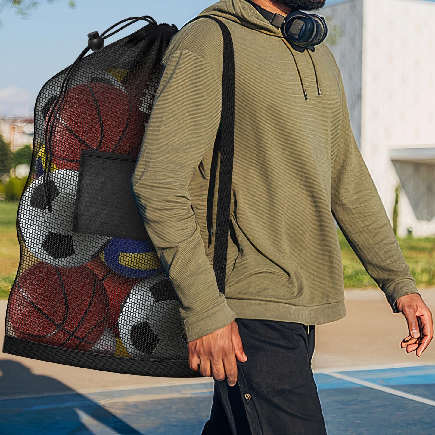 Extra Large Sports Ball Bag, Heavy Duty Breathable Mesh Storage Bag, 40" x 30" Hold 10-12 Soccer Basketball Football, Adjustable Shoulder Strap, Ideal for Coaches, Team, Swimming Gear (Zipper Pocket)