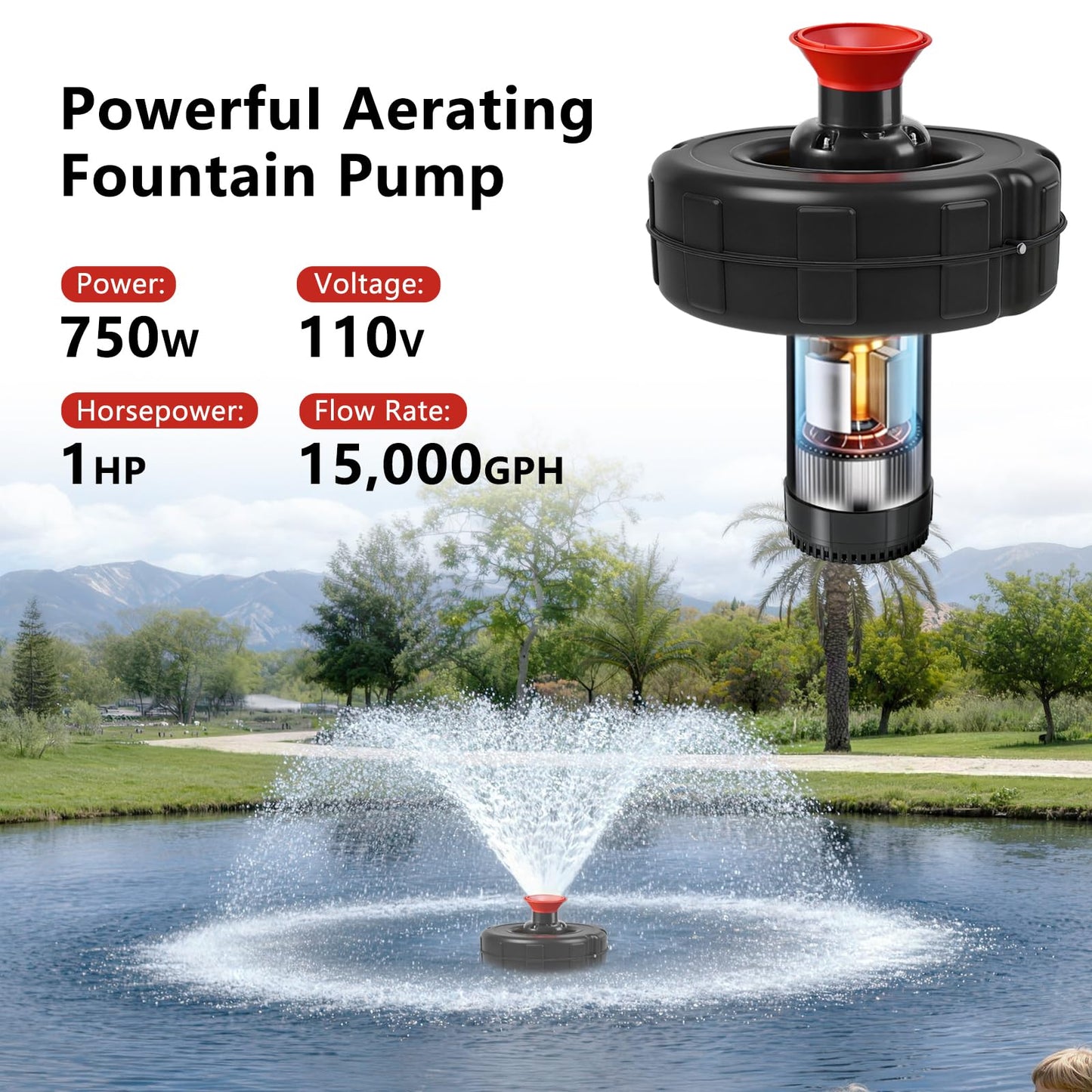 Pond Fountain Aerator, 1HP 110V 750W 15000 GPH Floating Fountain Pump with 100 FT Power Cord, 2 x 100 FT Rope, Timer, Fully Automatic Powerful Aerating Fountain for Larger Ponds, Lakes