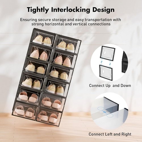 Foluck Shoe Storage Box - 15 Pack Clear Plastic Stackable Organizer for Sneakers | Interlocking Design, Black