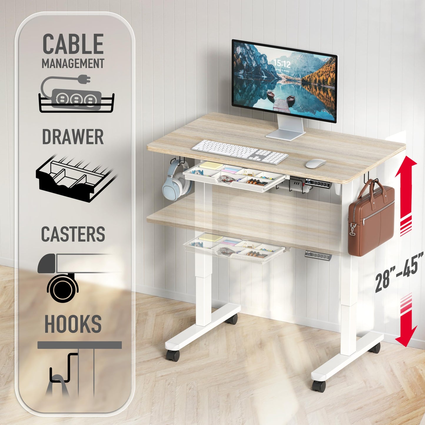 SHW 40-Inch Mobile Electric Height Adjustable Sit to Stand Desk with Drawer, Hanging Hooks and Cable Management, Maple