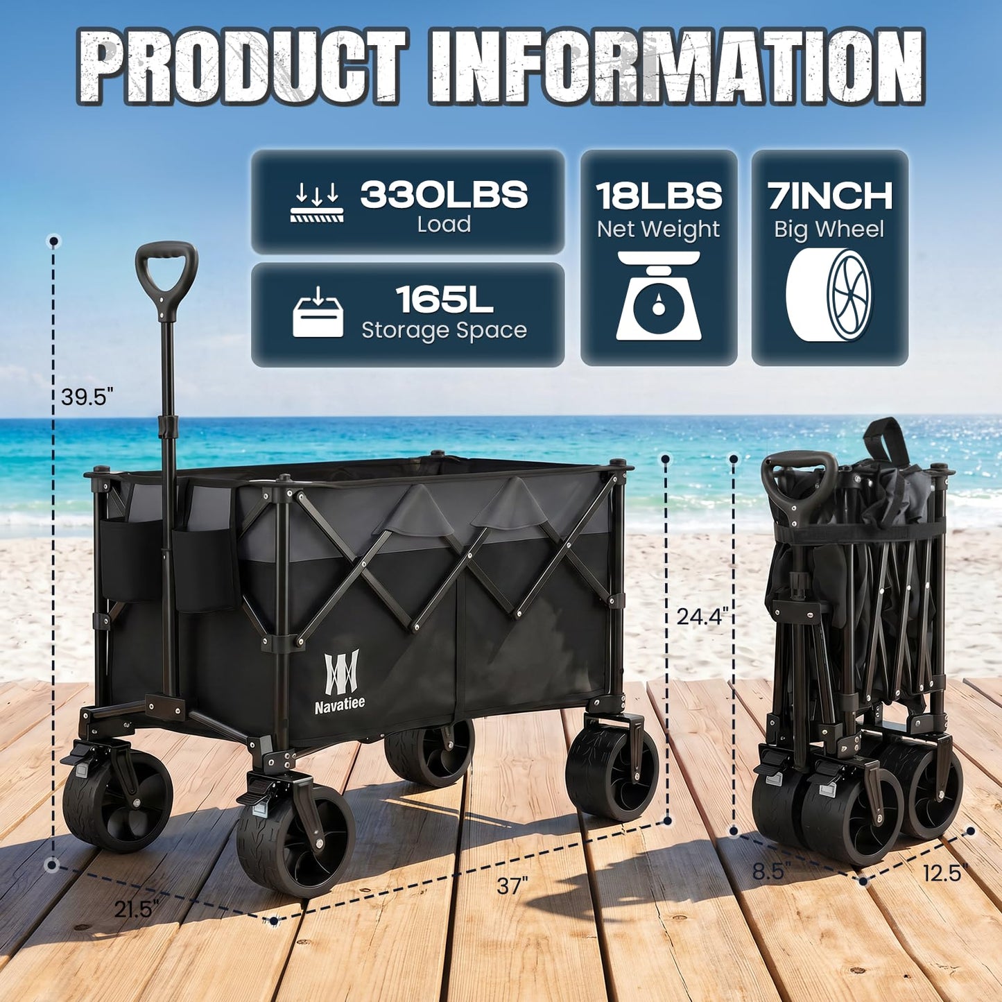 Navatiee 330Lbs Collapsible Folding Wagon, Beach Wagon Cart Heavy Duty Foldable with Big Wheels, Utility Grocery Wagon with 165L Large Capacity for Camping Garden Sports, Black