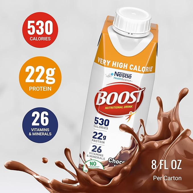 BOOST Very High Calorie Nutritional Drink ??Helps Weight Gain & Maintenance - 530 Calories - 26 Vitamins & Minerals - 22 g Protein - Calorie-Dense Nutritional Drink - Chocolate - 8 fl oz (Pack of 24)