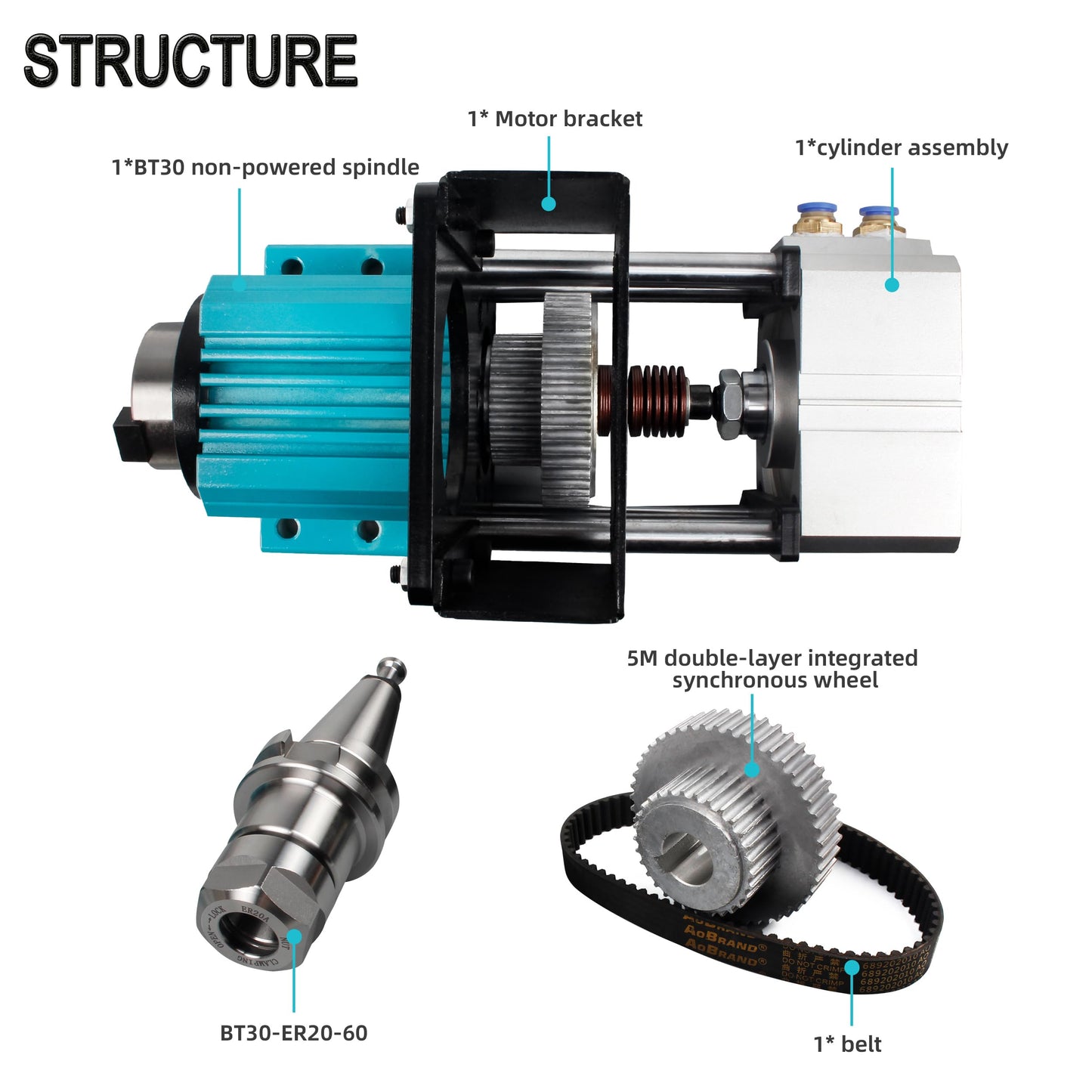 XUNKUNER BT30 Pneumatic Auto-Switching Spindle, 5000RPM Non-Powered Motor with Cylinder Assembly, 7075 Aluminum Alloy CNC Spindle for Drilling, Tapping, Milling, Metal Heavy Cutting