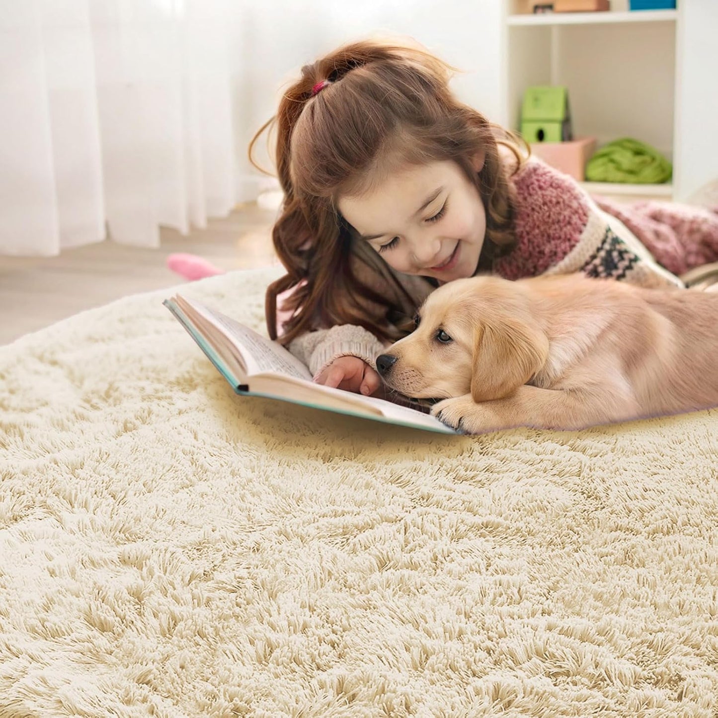 OLANLY Cream Round Area Rug - Soft, Fluffy, Machine Washable 8 ft Circle Carpet for Bedroom & Living Room Decor