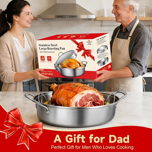 GRILL BUMP Roasting Pan - 21x13 Inch Stainless Steel Turkey & Chicken Roaster with Rack and Lid