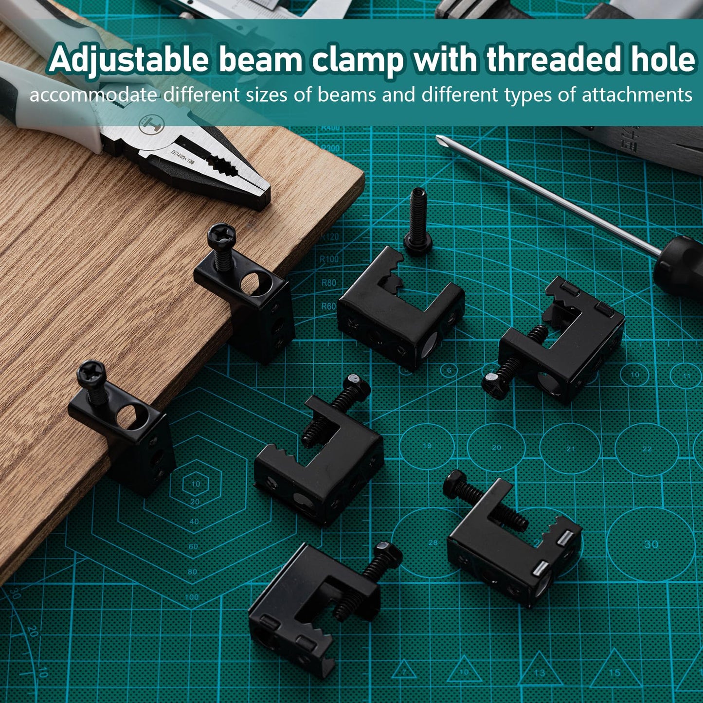 Tandefio 200 Pcs 1/4"-20 Spring Steel Beam Clamps Metal Beam Hangers Bolt on Clamp for Installation on Beams 1/4" and 3/8" Threaded Rod, S Hooks Bridle Rings for Pipe Cable Woodworking Tool (Black)