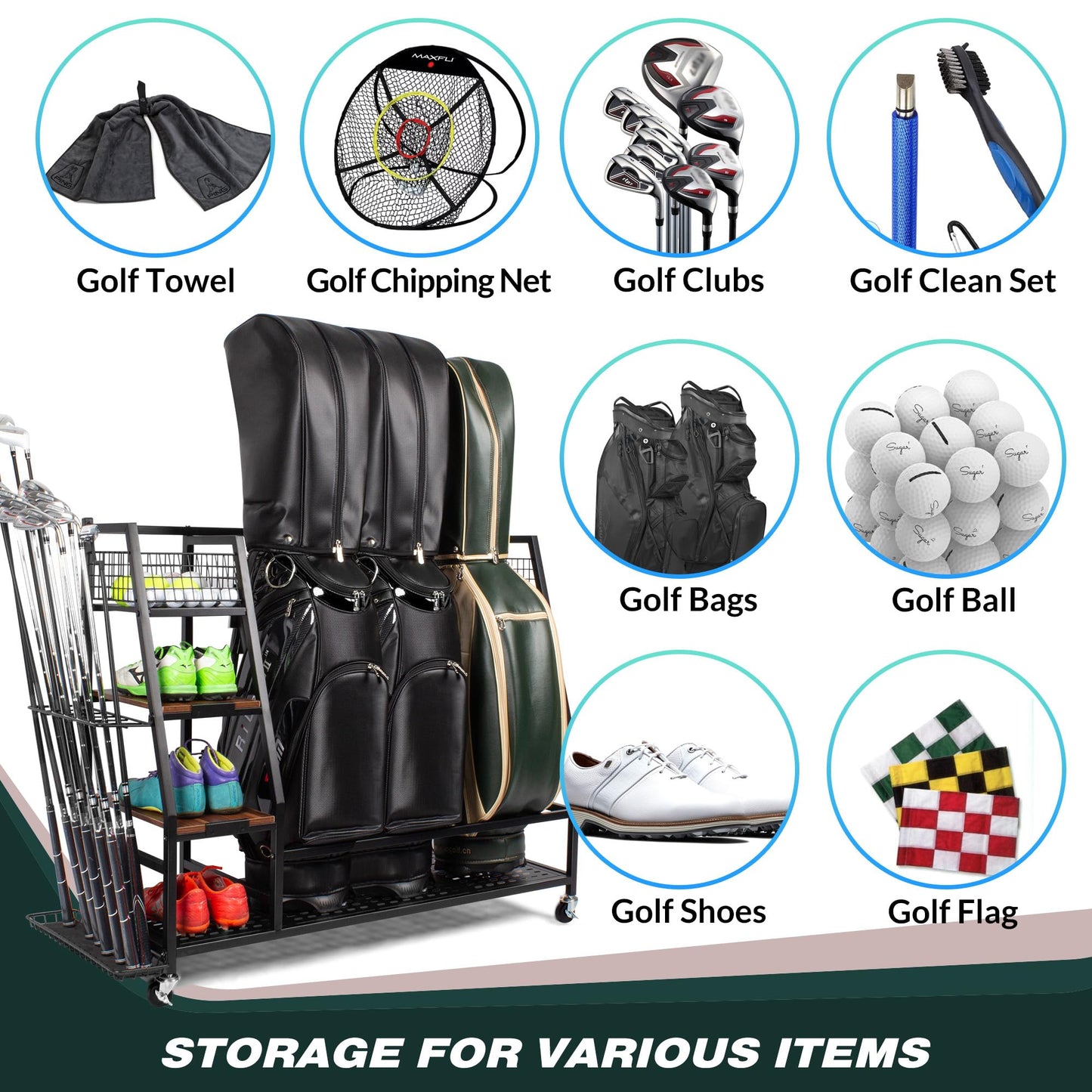 Sttoraboks 3 Golf Bags Storage Garage Organizer, Golf Bag Rack Fits 3 Golf Bags and Golf Equipment Accessories, Golf Club Storage Stand with Wooden Shelf and Lockable Wheels for Garage Indoor Basement